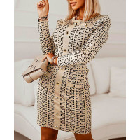 Geo Print Long Sleeve Buttoned Knit Dress - Apricot