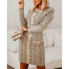 Geo Print Long Sleeve Buttoned Knit Dress - Apricot