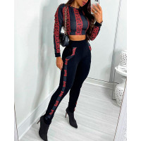 Geo Print Long Sleeve Crop Top & Pants Set - black