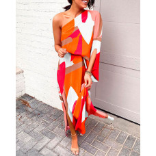 Geo Print One Shoulder Split Hem Maxi Dress - orange