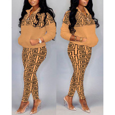 Geo Print Pocket Zipper Front Top & Pants Set - brown