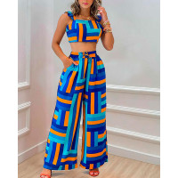 Geo Print Tie Back Crop Top & Wide Leg Pants Set - Multicolor