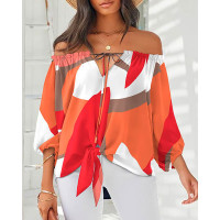 Geo Print Tied Detail Off Shoulder Top - red