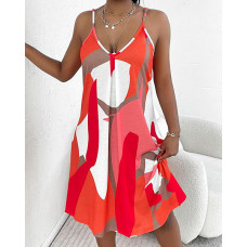 Geo Print V-Neck Casual Cami Dress - orange