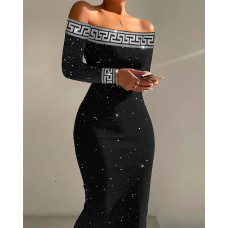 Geo Rhinestone Off Shoulder Glitter Bodycon Dress - black