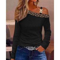 Geo Tape Patch Cold Shoulder Casual Top - black