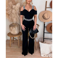 Geo Tape Patch Cold Shoulder Jumpsuit - black