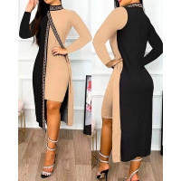 Geo Tape Patch Colorblock Slit Asymmetrical Casual Dress - brown