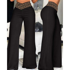 Geo Tape Patch Overlap Waist Wide Leg Bootcut Pants - black