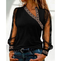 Geo Trim Glitter Sheer Mesh Long Sleeve Top - black