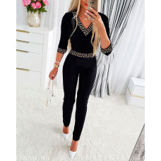 Geo Trim V-Neck Long Sleeve Jumpsuit - black