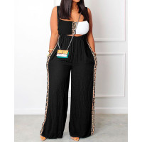 Geo Trim Wide Leg Suspender Jumpsuit & Colorblock Crop Tube Top Set - blackwhite