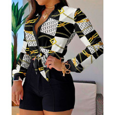 Geometric Chain Print Button Down Shirt & Shorts Set - black