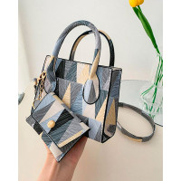 Geometric Colorblock Satchel Bag With Inner Pouch - gray