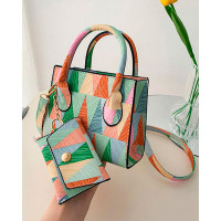 Geometric Colorblock Satchel Bag With Inner Pouch - green