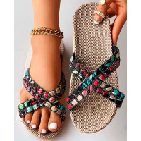 Geometric Cross Strap Linen Slippers - Multicolor