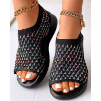 Geometric Embroidery Peep Toe Platform Sandals - black