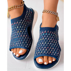 Geometric Embroidery Peep Toe Platform Sandals - blue