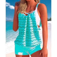 Geometric Hollow Out Crisscross Front Lace Tankini Set - blue