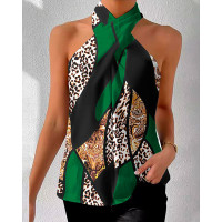 Geometric Leopard Print Casual Tank Top - green