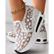Geometric Pattern Breathable Muffin Slip On Sneakers - white