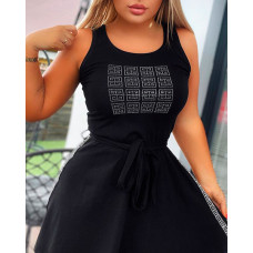 Geometric Pattern Rhinestone Tank Dress - black