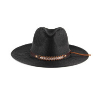 Geometric Pattern Wide Brim Straw Hat - black