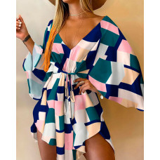 Geometric Print Batwing Sleeve Asymmetrical Dress - Multicolor