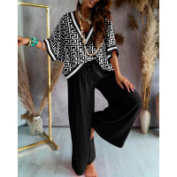 Geometric Print Batwing Sleeve Casual Top & Pants Set - blackwhite