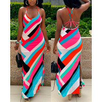 Geometric Print Braided Strap Backless Maxi Dress - Multicolor