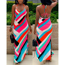 Geometric Print Braided Strap Backless Maxi Dress - Multicolor