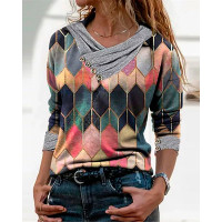 Geometric Print Button Design Long Sleeve Top - pink