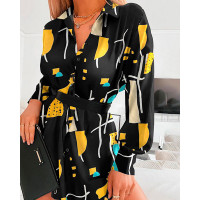 Geometric Print Button Down Shirt Dress - yellow