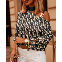 Geometric Print Chain Strap Cold Shoulder Top - style1