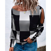 Geometric Print Cold Shoulder Casual Top - black