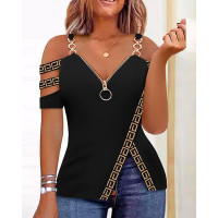 Geometric Print Cold Shoulder Chain Decor Slit Top - black