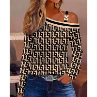 Geometric Print Cold Shoulder Chain Decor Top - Apricot