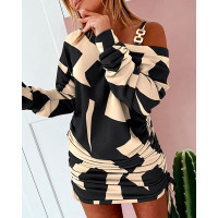 Geometric Print Cold Shoulder Drawstring Long Sleeve Dress - black