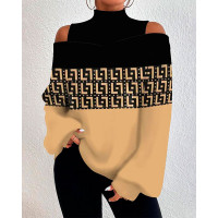 Geometric Print Cold Shoulder Lantern Sleeve Top - khaki