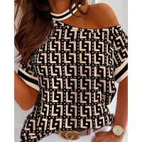 Geometric Print Cold Shoulder Top - black