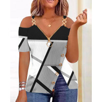 Geometric Print Cold Shoulder Top - gray