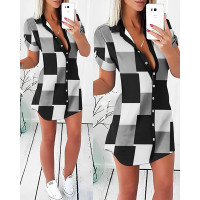 Geometric Print Colorblock Button Front Shirt Dress - gray