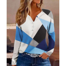 Geometric Print Colorblock Buttoned Casual Blouse - blue