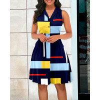 Geometric Print Colorblock Buttoned Casual Dress - dark blue