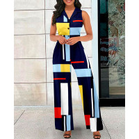 Geometric Print Colorblock Buttoned Sleeveless Jumpsuit - dark blue