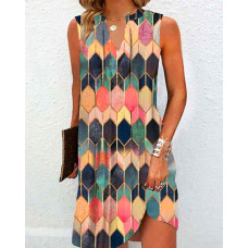 Geometric Print Colorblock Notch Neck Casual Dress - Multicolor