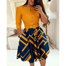 Geometric Print Colorblock Zipper Design Casual Dress With Belt - yellow