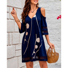 Geometric Print Contrast Mesh Cold Shoulder Casual Dress - blue