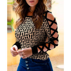 Geometric Print Crisscross Cold Shoulder Top - khaki