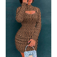 Geometric Print Cutout Long Sleeve Bodycon Dress - brown